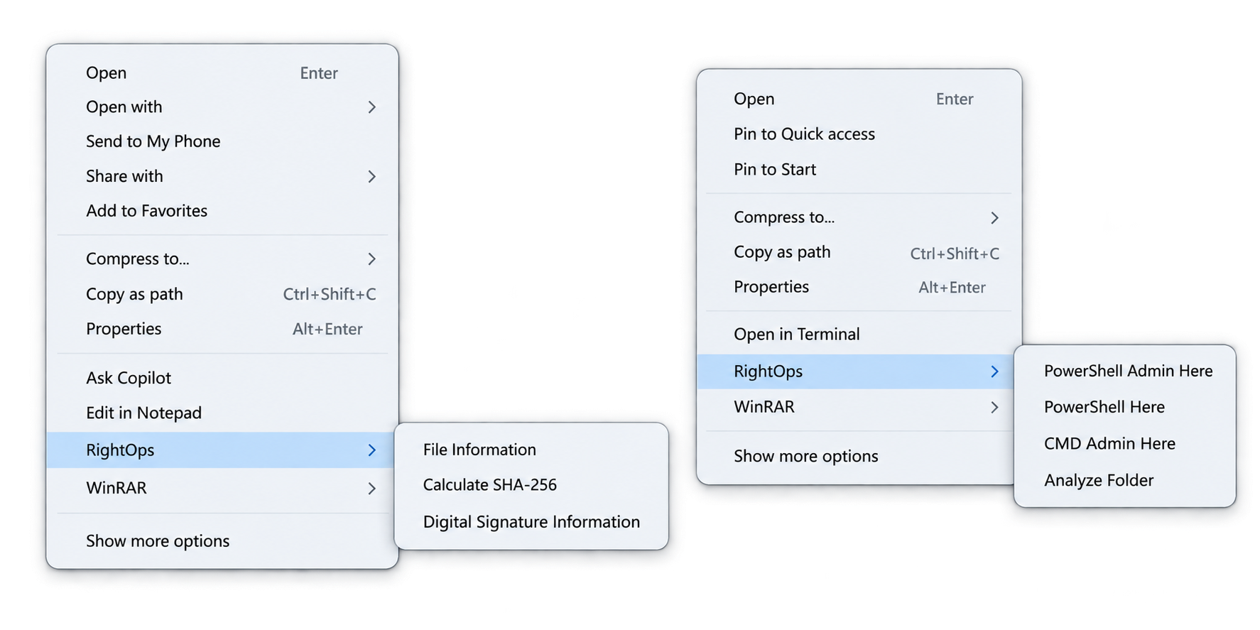 RightOps tools in the Windows 11 File Explorer context menu